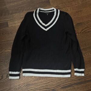 Talbots Lightweight Black V-Neck Sweater with White Trim